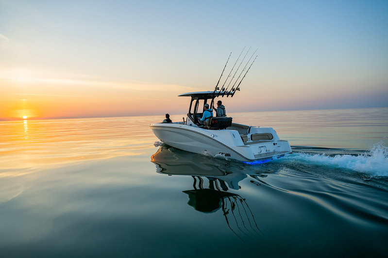 A fishing boat heading to the horizon.