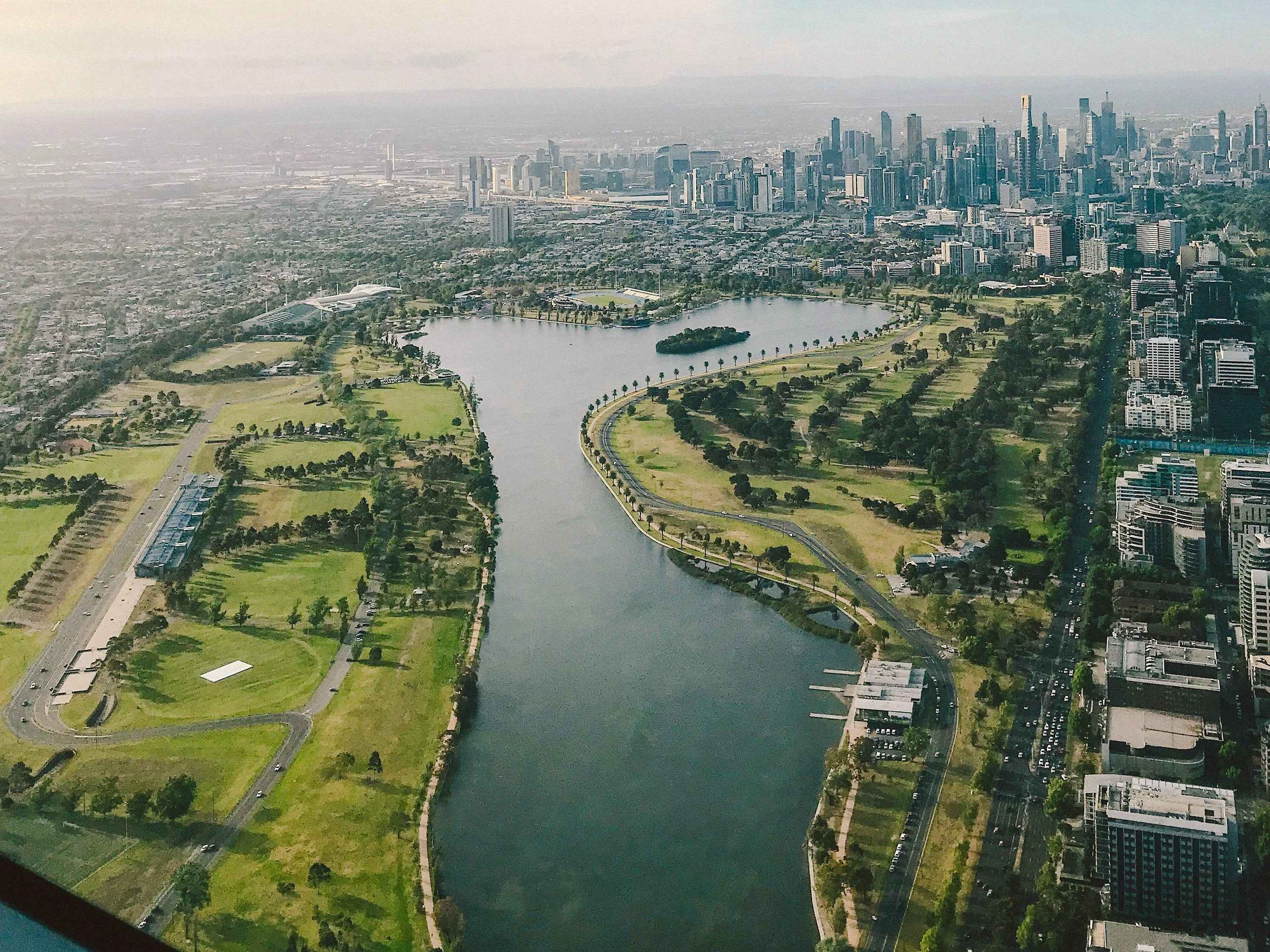 An aerial view of Melbourne, the capital city of Victoria, AU