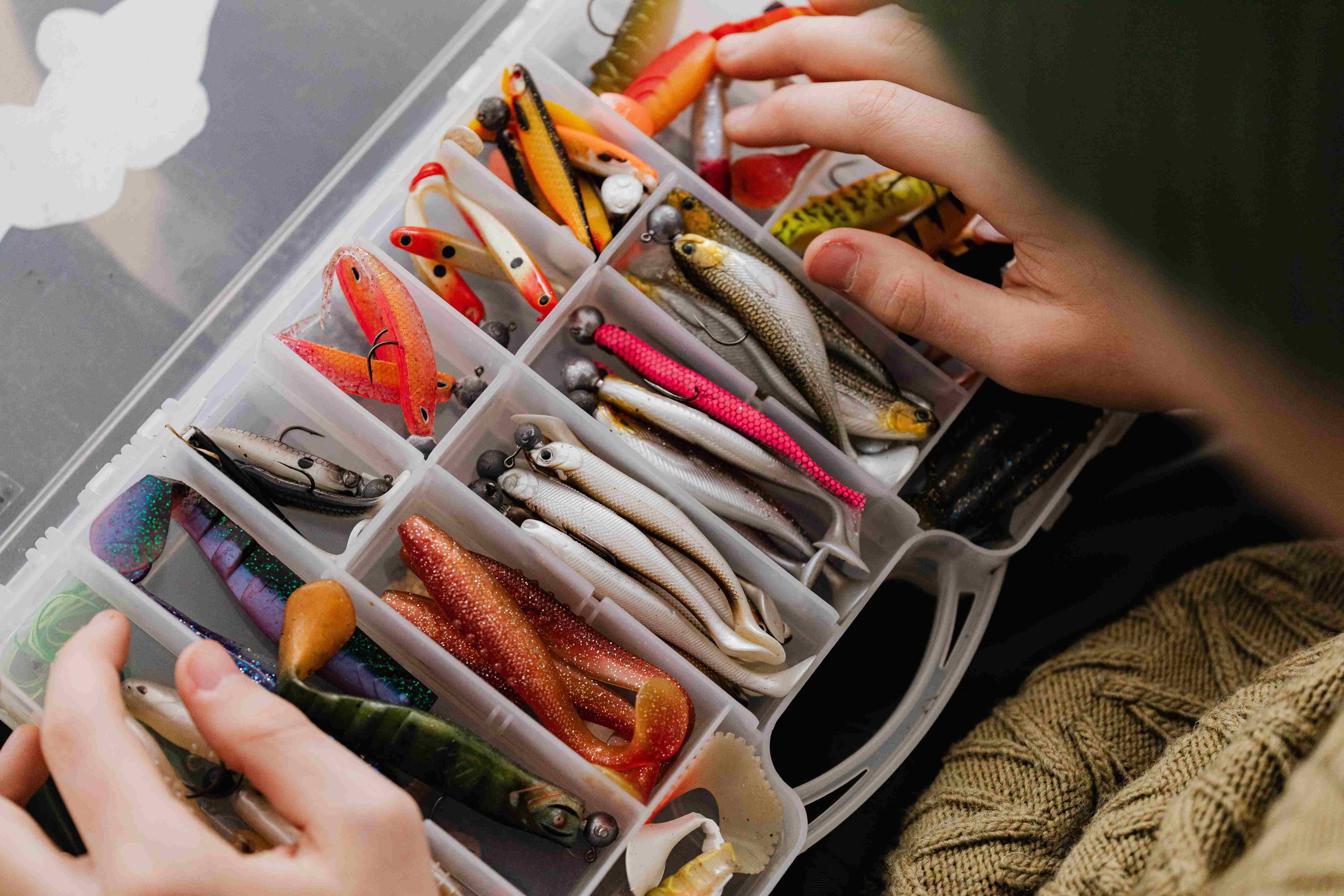 A tackle box filled with different types of fishing lures.