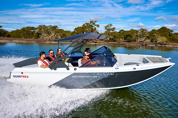 A group of recreational boaters onboard the Quintrex Freestyler X.