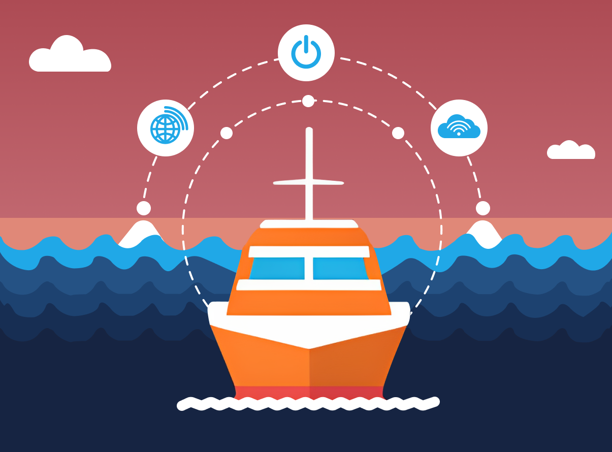 An animated picture of an orange boat on an ocean.