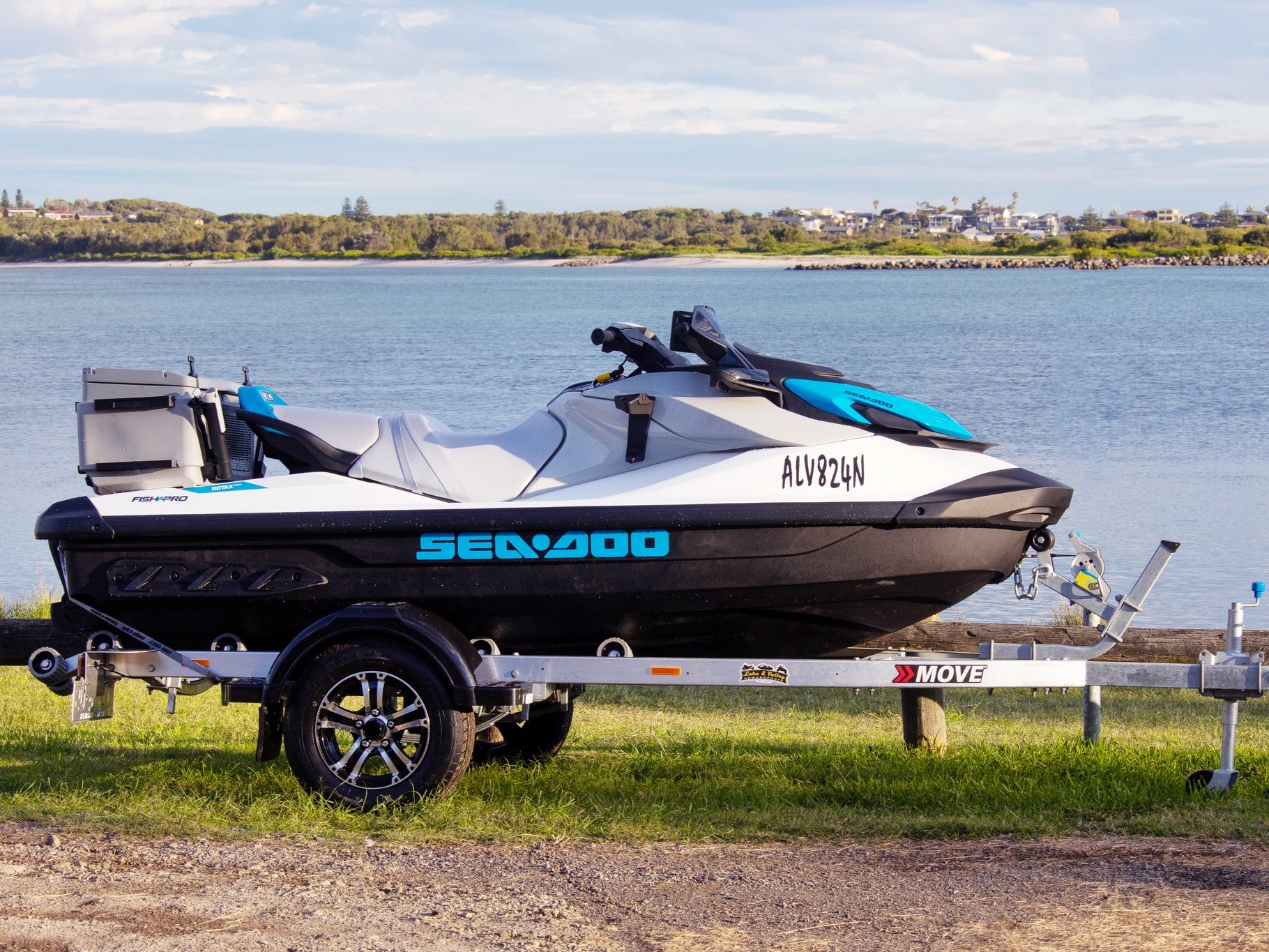 a Sea Doo on top of a Move boat trailer